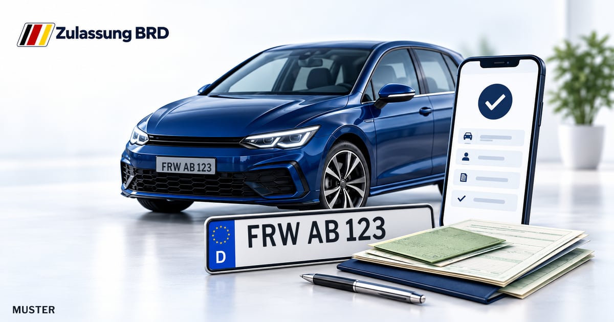 Online Fahrzeugzulassung in Landkreis Märkisch-Oderland: Musterkennzeichen FRW AB 123, Auto und Fahrzeugpapiere und Smartphone. Illustration mit Logo von Zulassung BRD.